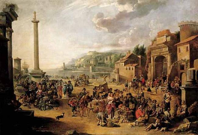 GRAFF, Anton A market in an Italianate harbour with Diogenes in search of an honest man France oil painting art